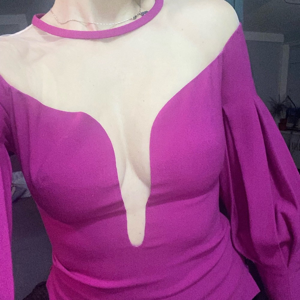 La perla mesh and wool fuchsia off shoulder puff sleeve blouse 6S nwt